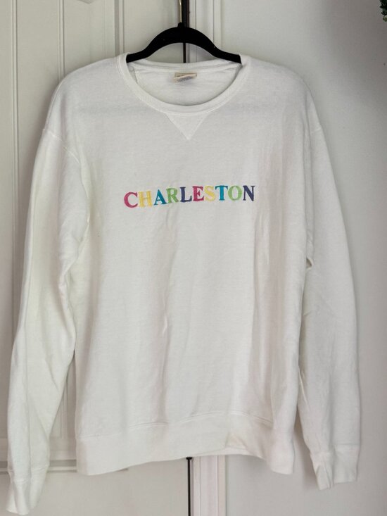 Comfort Wash Sweaters - White Sweatshirt with Colorful Letters Charleston - Comfort Wash